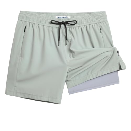 Men's Swim Trunks with Compression Liner 5 Inch Quick Dry Beach Shorts - Large Green & Gray