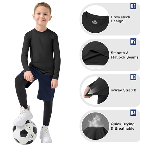 Boys Compression Shirt Long Sleeve Quick Dry Base Layer 4T Black for Football