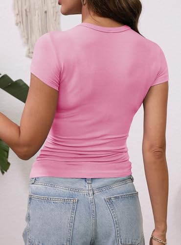 GEMBERA Women's Fitted Pink Short Sleeve Scoop Neck T-Shirt - X-Large