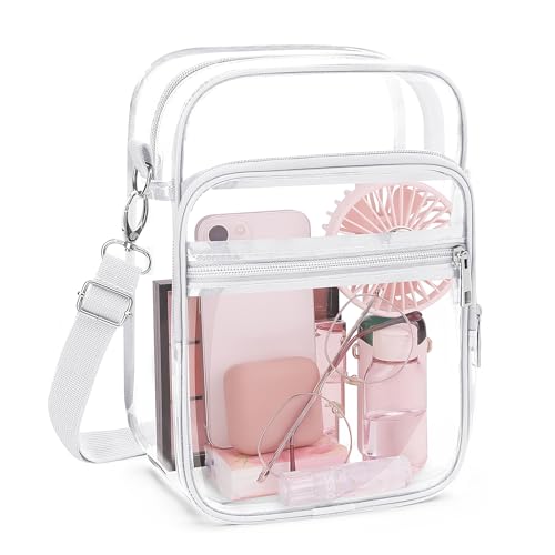 Large Clear Crossbody Bag with Adjustable Strap - White, Stadium Approved