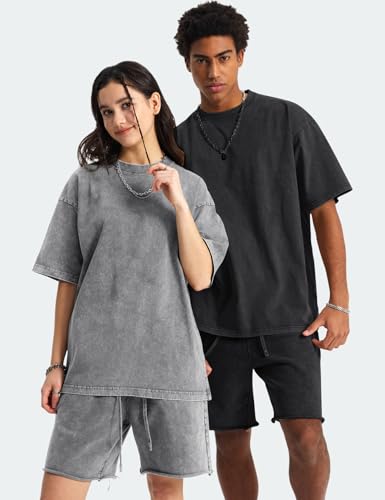 Gihuo Oversized Acid Wash T-Shirt for Men - Large Black Gray Khaki Beige Pack