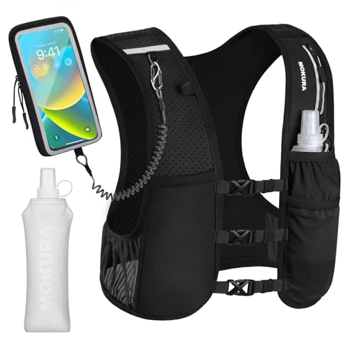 Running Vest for Women Men with 500ML Soft Flask & Phone Holder - Black, Large