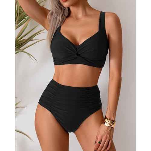 Fanuerg Women's High Waisted Bikini Sets Twist Front Two Piece Swimsuit Ruched Tummy Control Bathing Suits