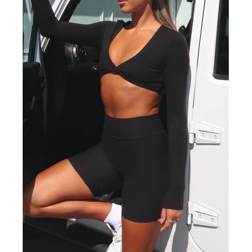 INFITTY Womens Long Sleeve Crop Workout Tops Double Lined Twist Deep V Neck T Shirts Yoga Athletic Top Tee