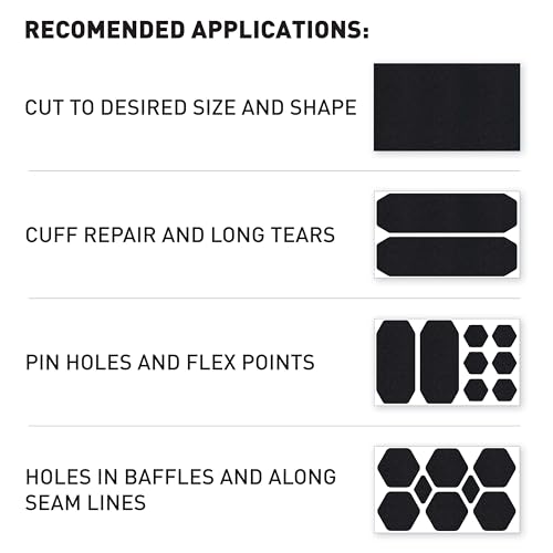 GEAR AID Tenacious Tape Repair Patches ? Peel-and-Stick Nylon Gear Patches for Jackets, Tents, Sleeping Bags, Backpacks, and Outdoor Gear ? Fix Rips, Tears, and Holes, 19 Various Sizes, Black
