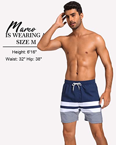 Men's Swim Trunks with Compression Liner & Zipper Pockets - Large Dark Navy & White Stripes