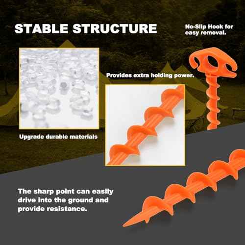 Tent Stakes Ground Anchors Screw in, 6 Pack Sand Stakes for Beach 9.4 Inch Heavy Duty Spiral Tent Pegs for Camping, Party, Hiking, Outdoor Decoration (6, Orange)