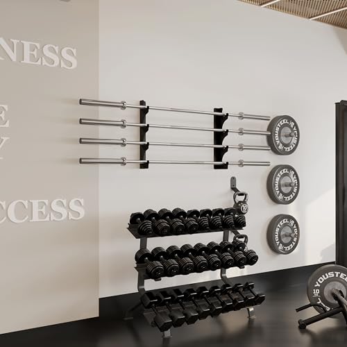 Wall Mount Barbell Rack with 4 Hooks - Heavy Duty Vertical Weight Bar Holder for Gym