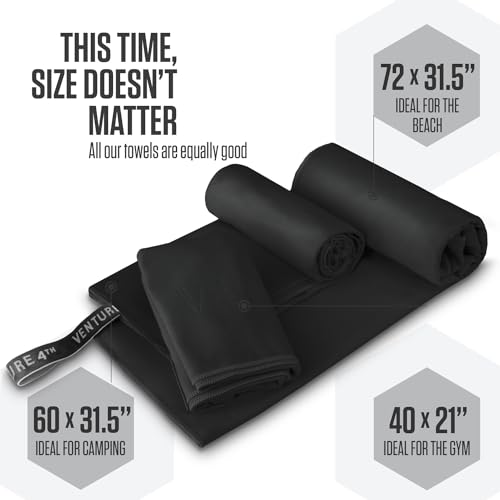 VENTURE 4TH Quick Dry Towel. Microfiber Travel Towel Ideal for Camping, Hiking, Backpacking, Gym. Lightweight & Fast Drying Travel Towels for Body. Compact & Easy to Pack - Black Medium