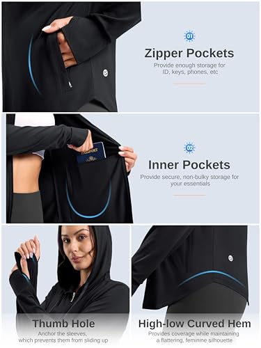 Women's Sun Protection Hooded Lightweight Zip Up Jacket - Large Black