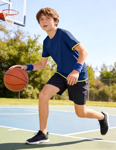 Boys Athletic Mesh Shirt - Quick Dry Short Sleeve Sports Tee - Navy 13-14 Years