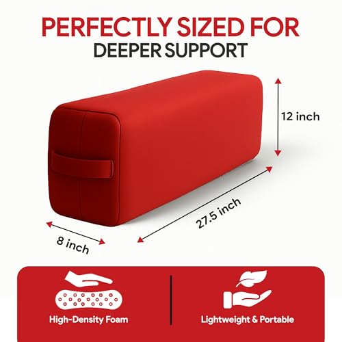 Red Rectangular Yoga Bolster Pillow for Meditation & Back Support - Removable Cotton Cover