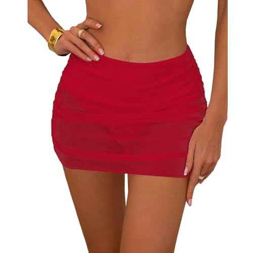 SherryDC Women's Ruched Mesh Bikini Swimsuit Bottoms High Waisted Sheer Short Swim Skirt