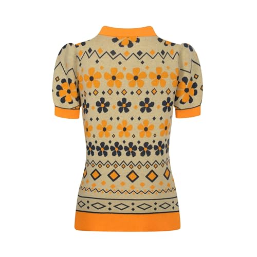 OXKNIT Women's Vintage Cat Pattern Knit Polo Shirt - Orange XXL Short Sleeve