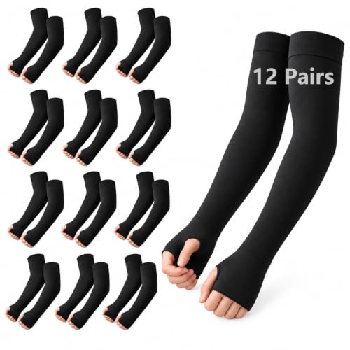 12 Pairs UV Sun Protection Arm Sleeves with Thumb Holes Black - Compression Cooling