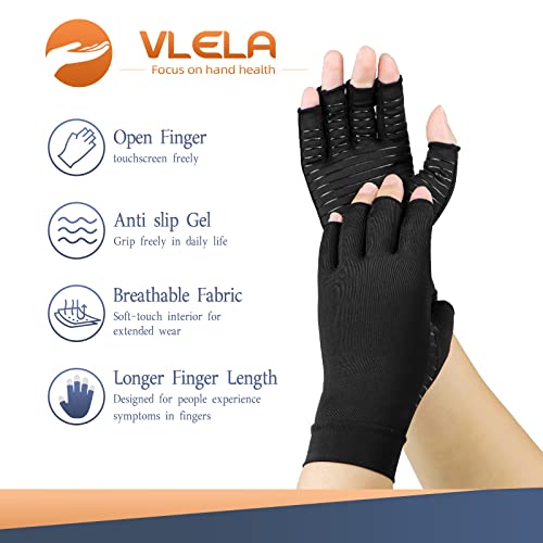 Copper Infused Compression Arthritis Gloves - Small, Black, Fingerless