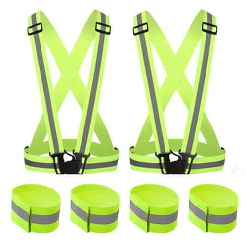 DLTWXY Running Reflective Vest Elastic Adjustable Reflective Vest 2 Pieces with 4 High-Visibility Reflective Belts for Nighttime Running Biking Motorcycle Dog Walking fits Men Women Kids (Green)