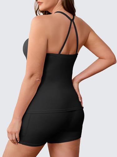 Plus Size Workout 2 Piece Set for Women - Black Halter Tank Top & High Waisted Biker Shorts