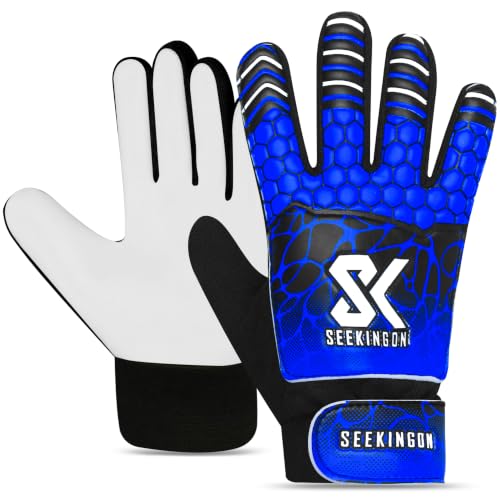 Youth Soccer Goalkeeper Gloves with Double Wrist Protection & 4mm Super Grip Palm - Blue/White, Size 4