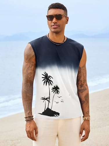 Runcati Men's Graphic Tank Top - Sleeveless Palm Tree Gradient Tee, Large White