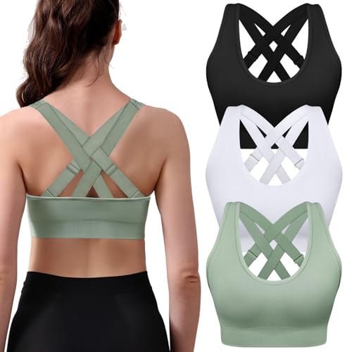 XX-Large Double Couple Sports Bras for Women 3 Pack Medium Support Adjustable Padded Black Green White