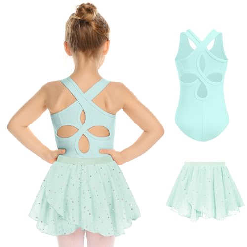Girls Ballet Leotard with Skirt and Hollow Back Dance Dress - Aqua Green 6-7 Years