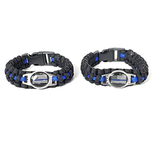 Large 9 Inch Thin Blue Line Police Support Paracord Bracelet - Black & Blue, Survival Wear