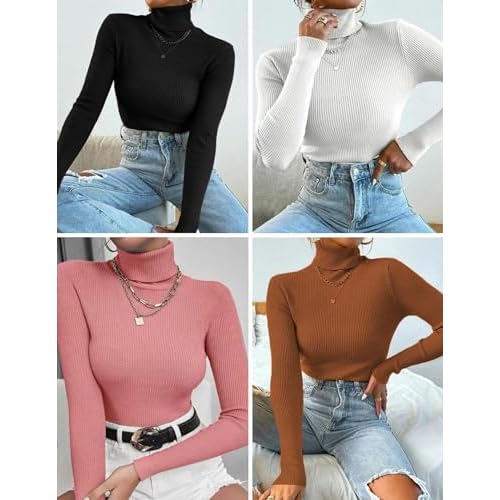 Ekouaer Women's Turtleneck Tops Ribbed Pullover Sweater Long Sleeves Shirts Midweight Thermal Underwear Blouse