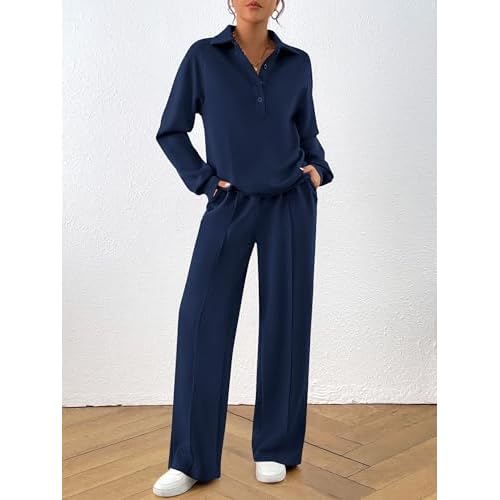 PRETTYGARDEN Women Fall 2 Piece Outfits Sweatsuits Quarter Button Long Sleeve Sweatshirt Wide Leg Pants Tracksuit Lounge Sets