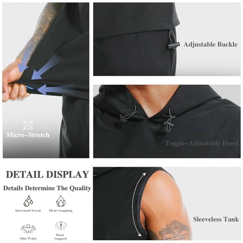Sauna Shirt for Men - Heat Trapping Workout Vest with Hood - Black-Blue XL