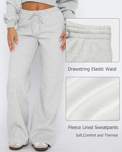 Women’s Fleece-Lined Wide Leg Sweatpants - Grey, Comfortable Lounge Pants