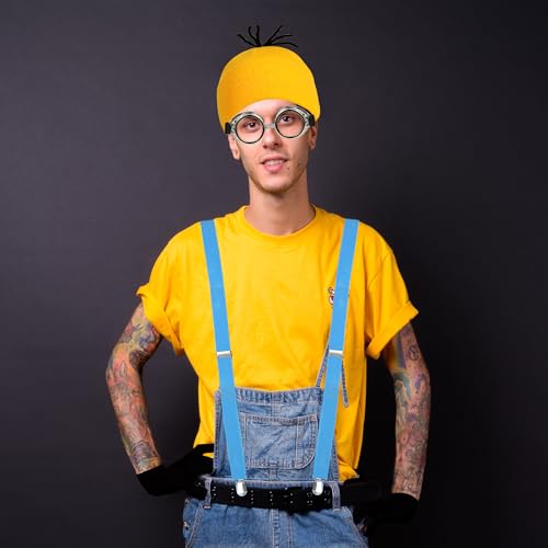 Halloween Costumes for Women Adult, 3PCS Steampunk Goggles Yellow Beanie Hat & Black Gloves and Blue Suspenders for Men Women Funny Halloween Costumes Cosplay Party Set