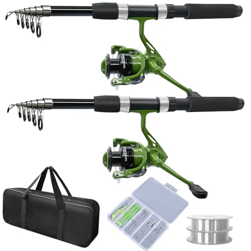 2-Pack Telescopic Fishing Pole Combo with Reels & Carrier Bag - Green