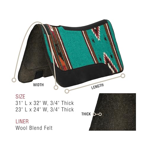 Weaver Equine 31" x 32" Contoured Single Weave Wool Blend Felt Horse Saddle Pad, Shock Absorbing Western Saddle Pad for Protection, Turquoise Pattern