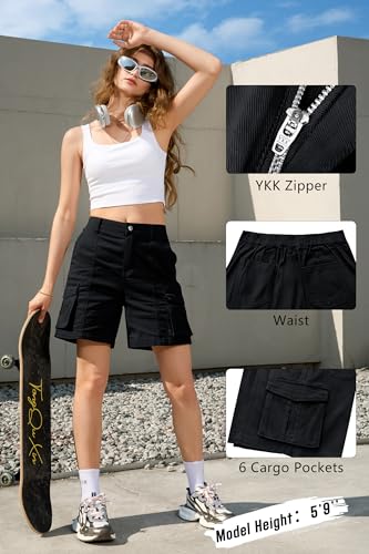 IVIR Bermuda Shorts for Women Cargo Shorts Knee Length 6 Pockets Elastic Waist Long Summer Casual XX-Large Black