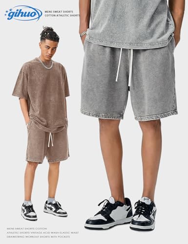 Gihuo Mens Sweat Shorts Cotton Athletic Shorts Vintage Acid Wash Drawstring XXL Blacklight Grey Khaki
