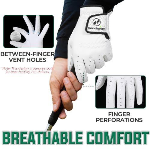 HANDLANDY White Calfskin Leather Golf Glove for Men & Women - Medium, Left Hand