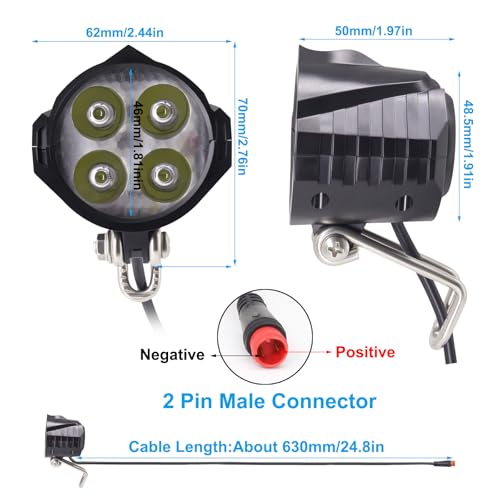 Electric Bike Headlight 48V 36V Waterproof Front Light with 2-Pin Connector