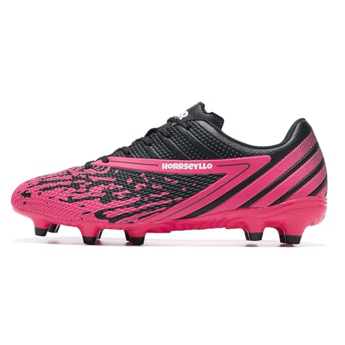 Soccer Cleats for Men and Women - Professional Football Shoes Outdoor Lightweight Firm Ground - Black & Rose Red, Sizes 6 & 7