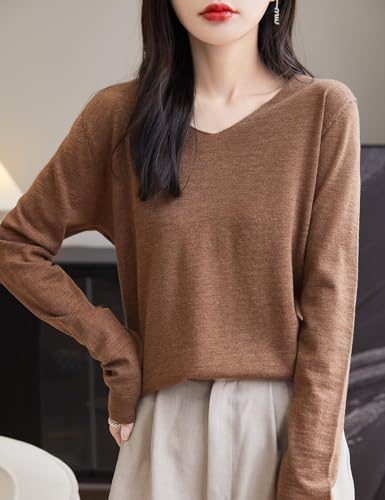 Women's Merino Wool Base Layer Shirt Long Sleeve V-Neck Travel Hiking Top - Caramel Large