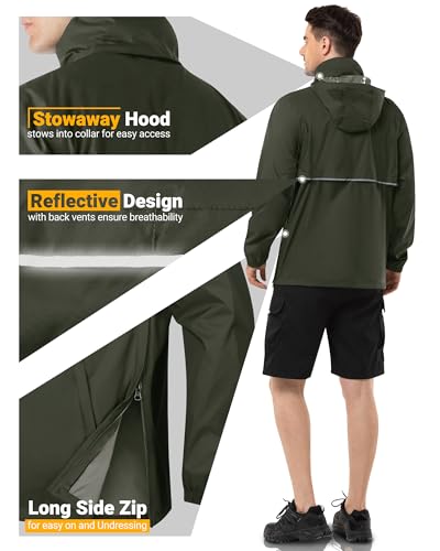 Men's Waterproof Rain Jacket - Lightweight Packable Outdoor Venturers Medium Green
