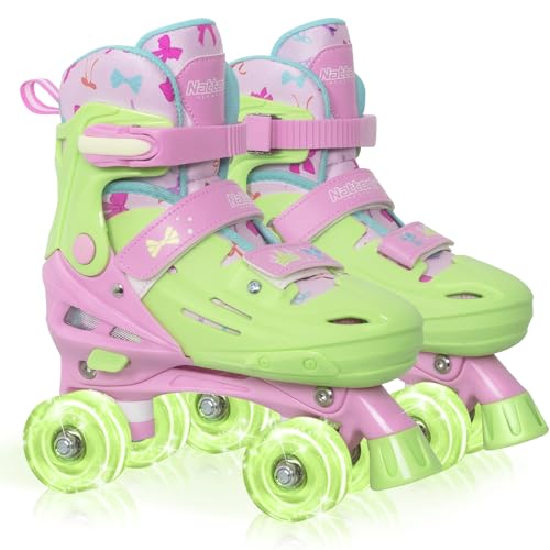 Kids Adjustable Roller Skates with Light-Up Wheels - Green, Medium (13C-3), Princess & Tie-Dye, Indoor Outdoor, Birthday Gift