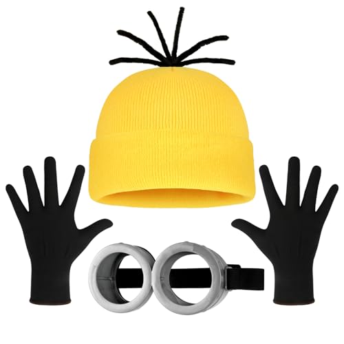 3Pcs Halloween Costume Accessories Adults Steampunk Goggles Glasses Yellow Beanie Hat Black Gloves for Men Women Halloween Cosplay Party