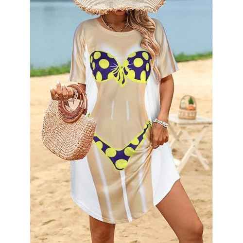 elescat Women's Beach Cover Up Bikini Printed Short Sleeve Tshirt Dress Baggy Cute Coverups