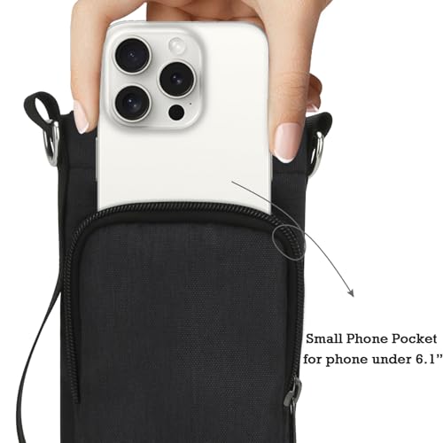 Water Bottle Carrier Bag, Small Canvas Crossbody Purse Portable Water Bottle Sling Holder Case with Adjustable Shoulder Strap and Phone Pocket Pouch for Men Women Hiking, Black