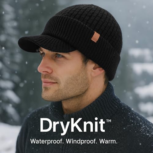 TOP-EX DryKnit¢â Waterproof 50% Merino Wool Visor Beanie Hat for Men Fleece Lined Winter Hat with Brim for Big Heads