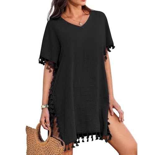 AI'MAGE Women Bathing Suit Cover Up Tassel Swimsuit Coverup Short Sleeve Beach Cover Ups Dress V Neck Beach Wear S-3XL
