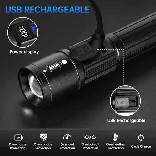 Rechargeable Flashlights 2 Pack, Super Bright High Lumens Flash Light, 5 Modes Zoomable Linternas with LCD Digital Display, Powerful Handheld LED Flashlights for Home Emergencies Camping