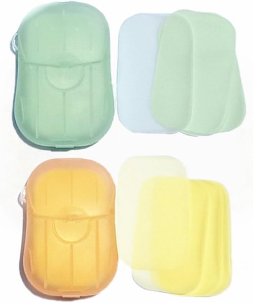 Sluswallow 100Pcs Green and Yellow Portable Soap Sheets, Mini Portable Travel Soap Paper Sheets Disposable Water Soluble Hand Washing Bath Scented Paper Camping Hiking and Shampoo for Outdoor