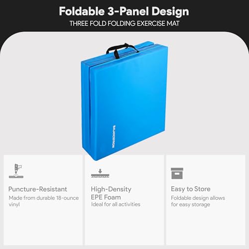 Blue 6ft x 2ft 3-Panel Folding Gymnastics Mat - 1.5 Inch Thick Exercise Pad